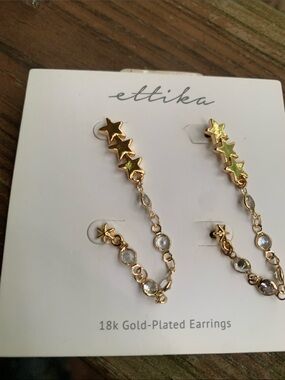 NWT- ettika Gold Star Chain Crystal Double Piercing Drop Earrings